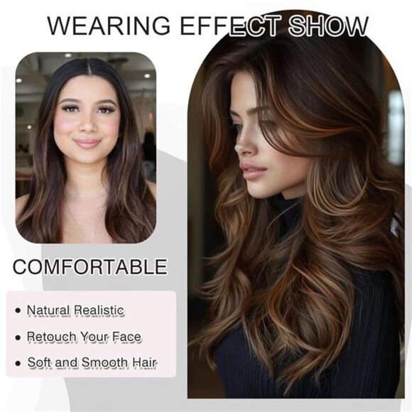 Ombre Platinum Brown Highlight Layered Wavy Wig With Curtain Bangs - Picture 2 of 5